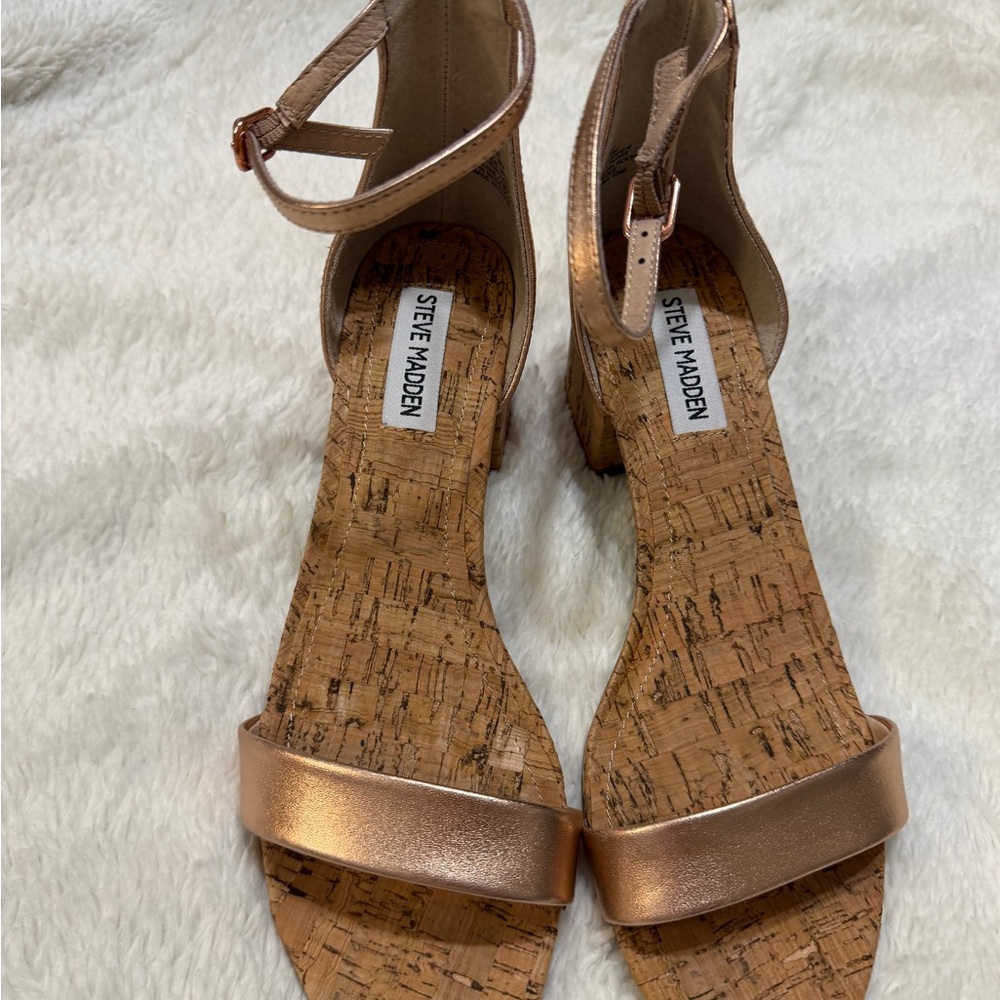 Steve Madden Metallic Rose Gold Cork Wedge Sandals